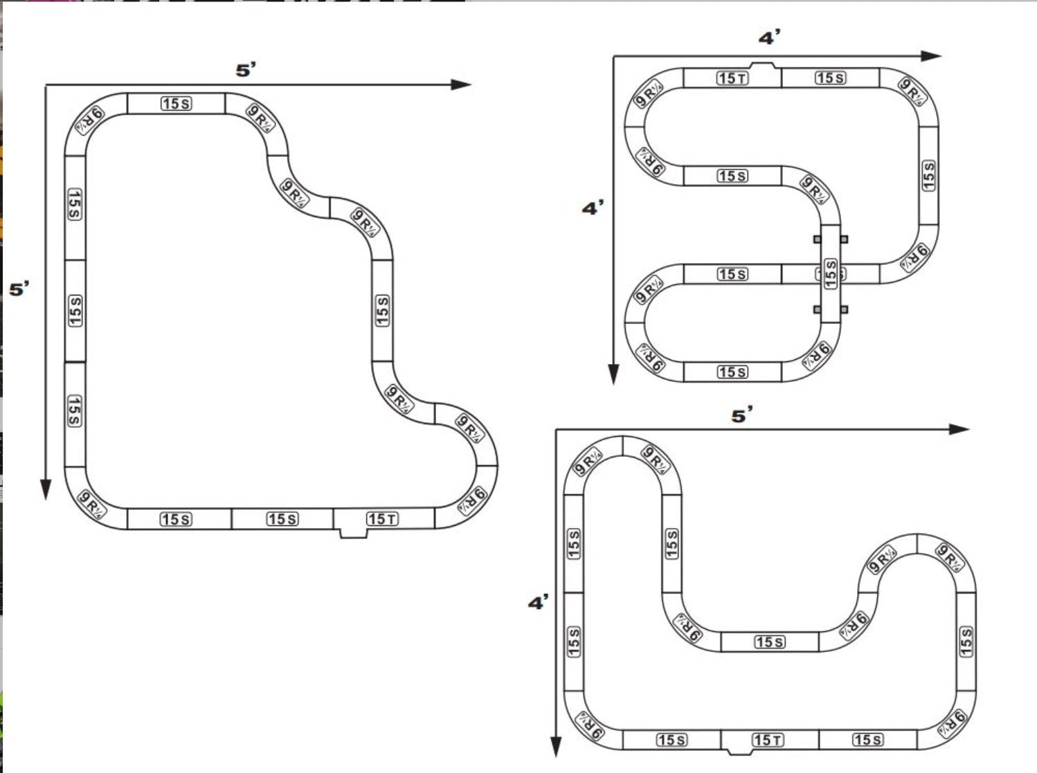 Three distinct track layout designs for the AFX Champions Raceway 6-in-1 slot car race system.