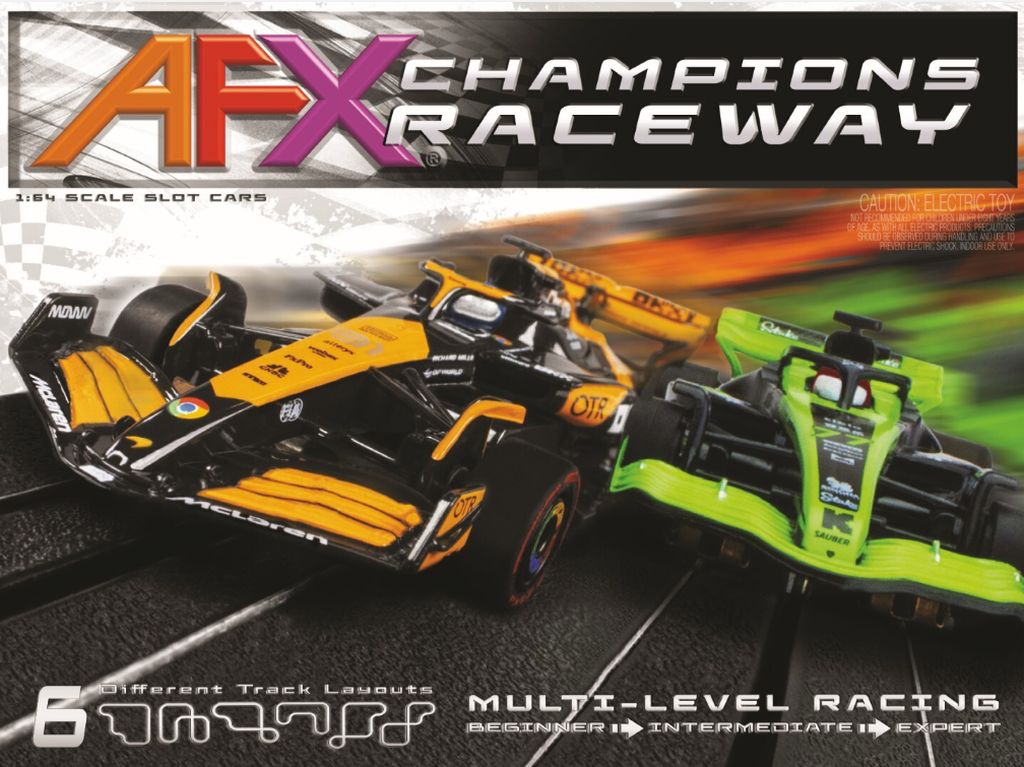 1/64 scale AFX Champions Raceway slot car set box featuring 2024 McLaren and Sauber F1 cars racing.