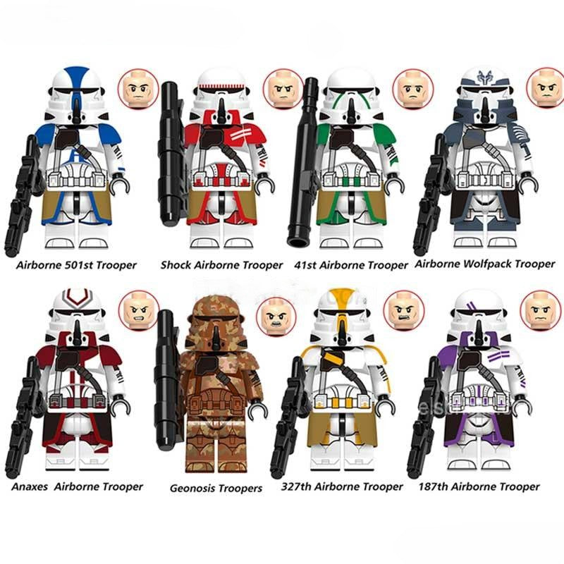 Minifigure Toys Airborne Clone Troopers set of 8 featuring 501st Shock 41st and Wolfpack paratroopers.