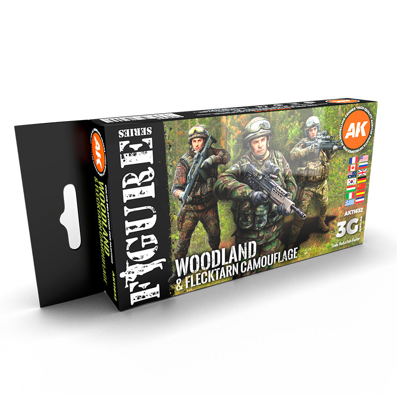 AK Interactive Woodland & Flecktarn Camouflage 6-paint set box from the 3rd Gen Figures Series.