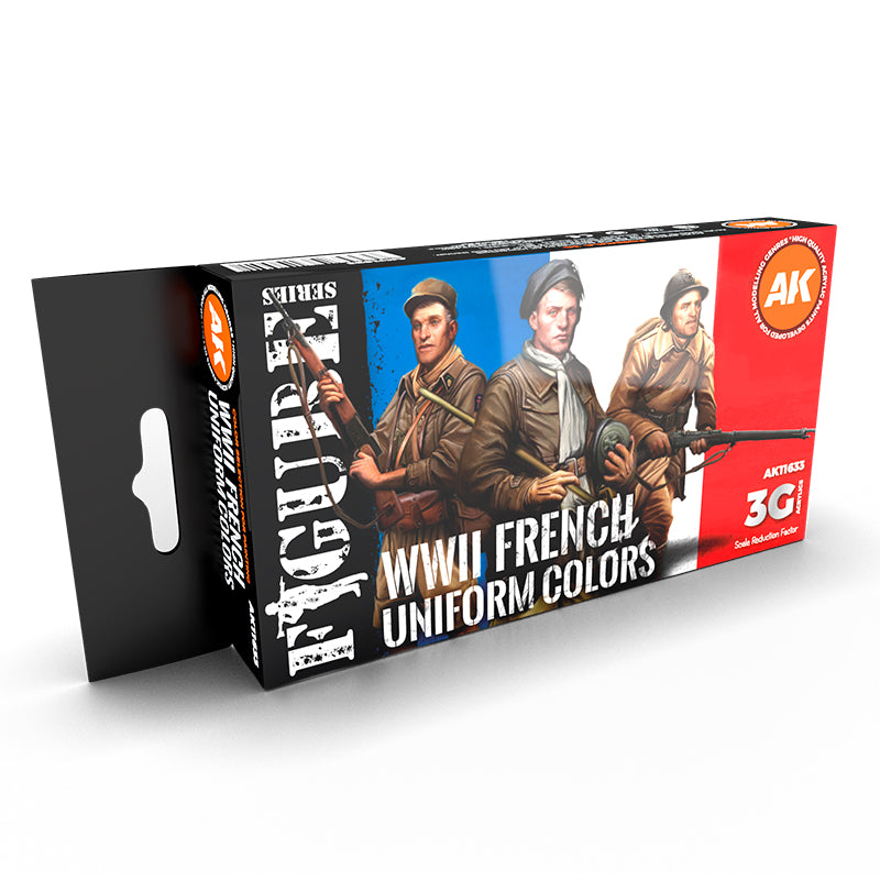 AK Interactive WWII French Uniform Colors 6-paint set box featuring historical infantry illustrations.