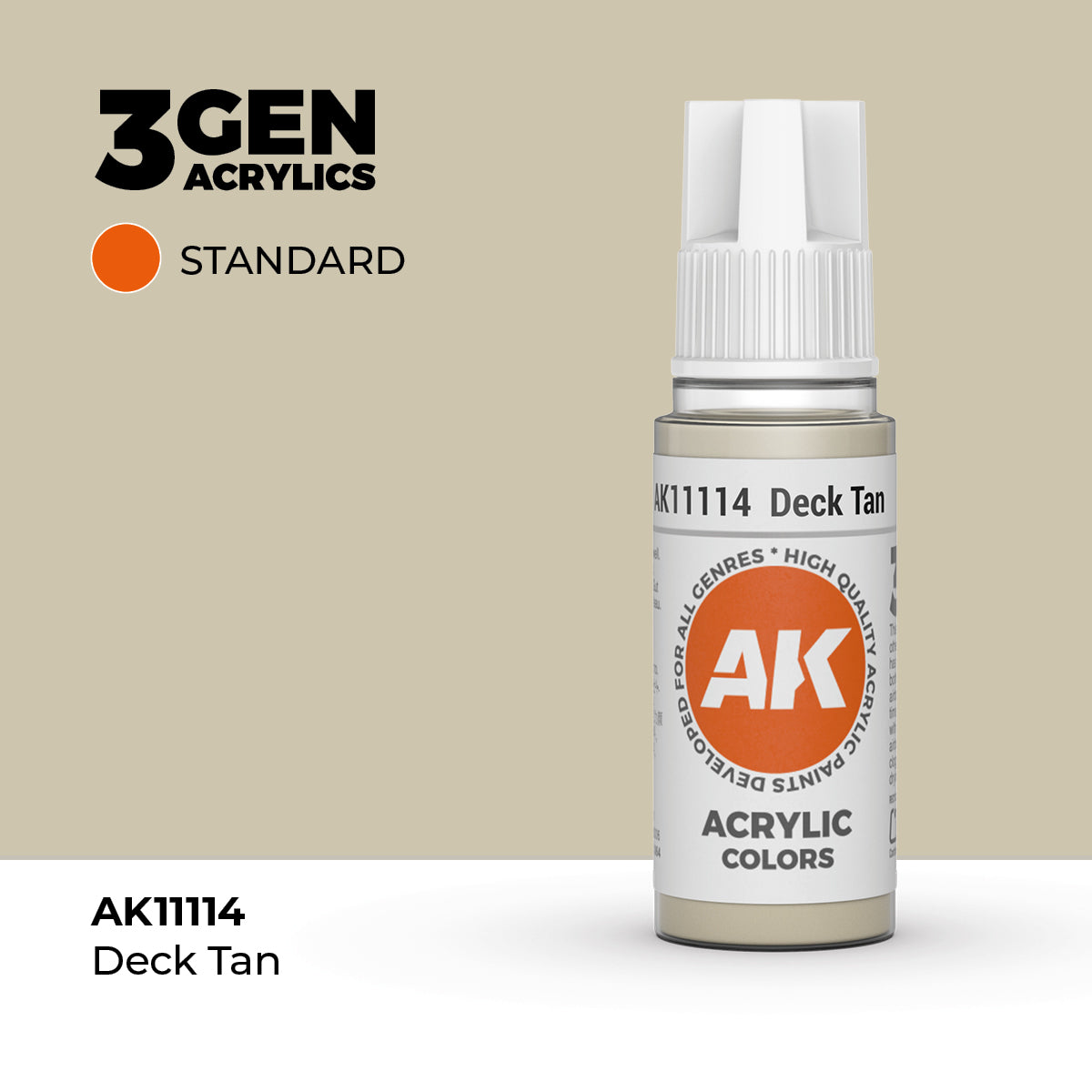 AK Interactive 3rd Gen Acrylic Deck Tan AK11114 in a 17ml dropper bottle with patented viewing cap