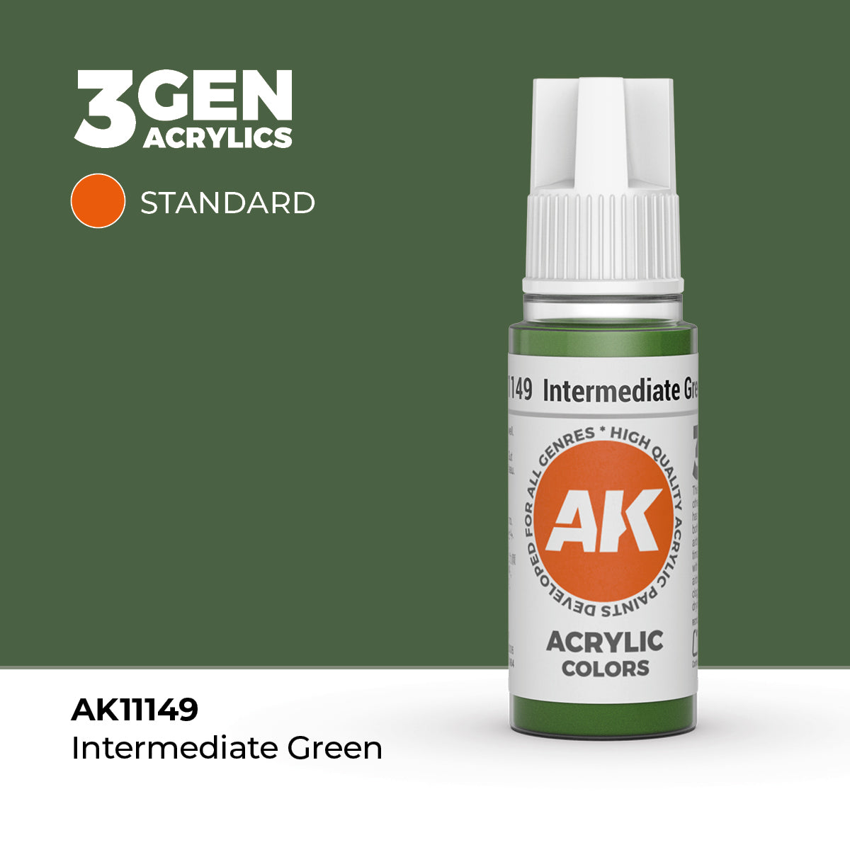 AK Interactive 3rd Gen Acrylic Intermediate Green AK11149 in a 17ml dropper bottle with patented viewing cap.