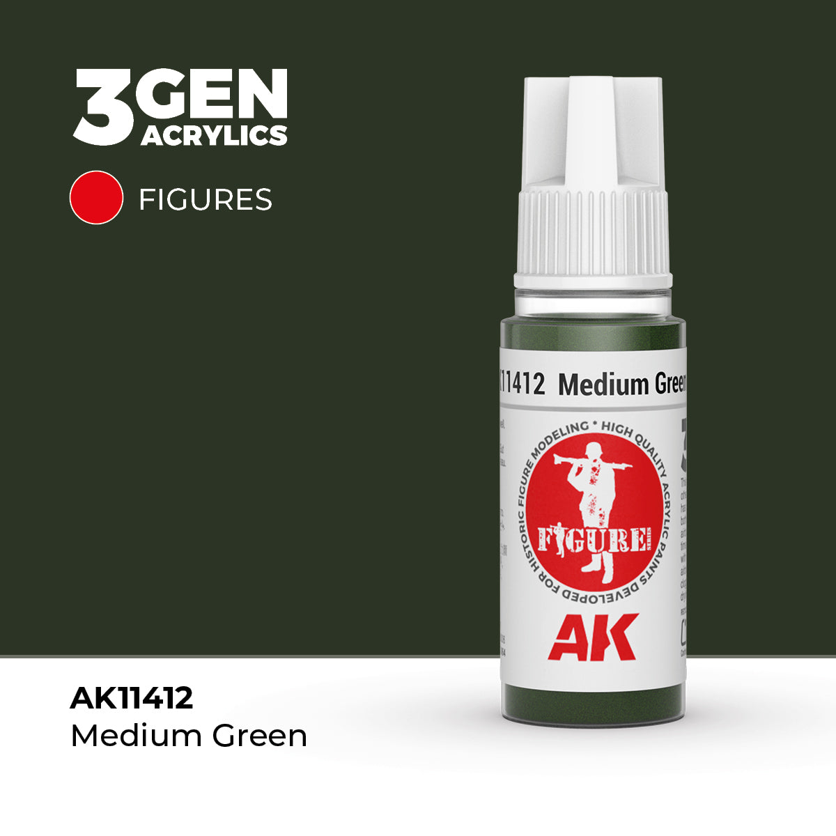 AK Interactive 3rd Gen Acrylic Medium Green AK11412 in a 17ml dropper bottle with patented viewing cap.
