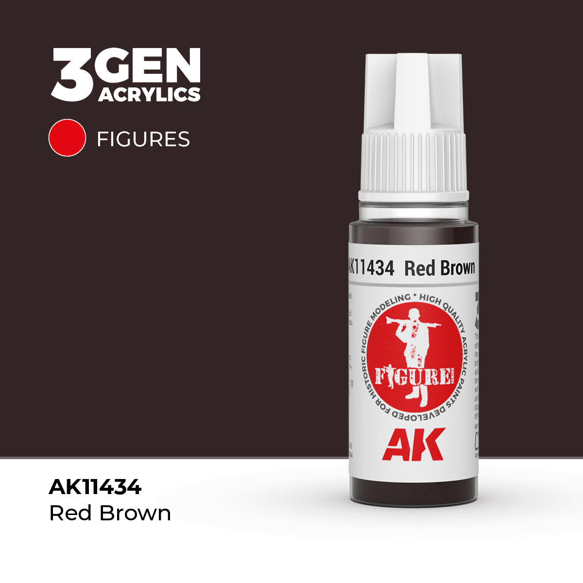 AK Interactive 3rd Gen Acrylic Red Brown Leather AK11434 in a 17ml dropper bottle with patented viewing cap.