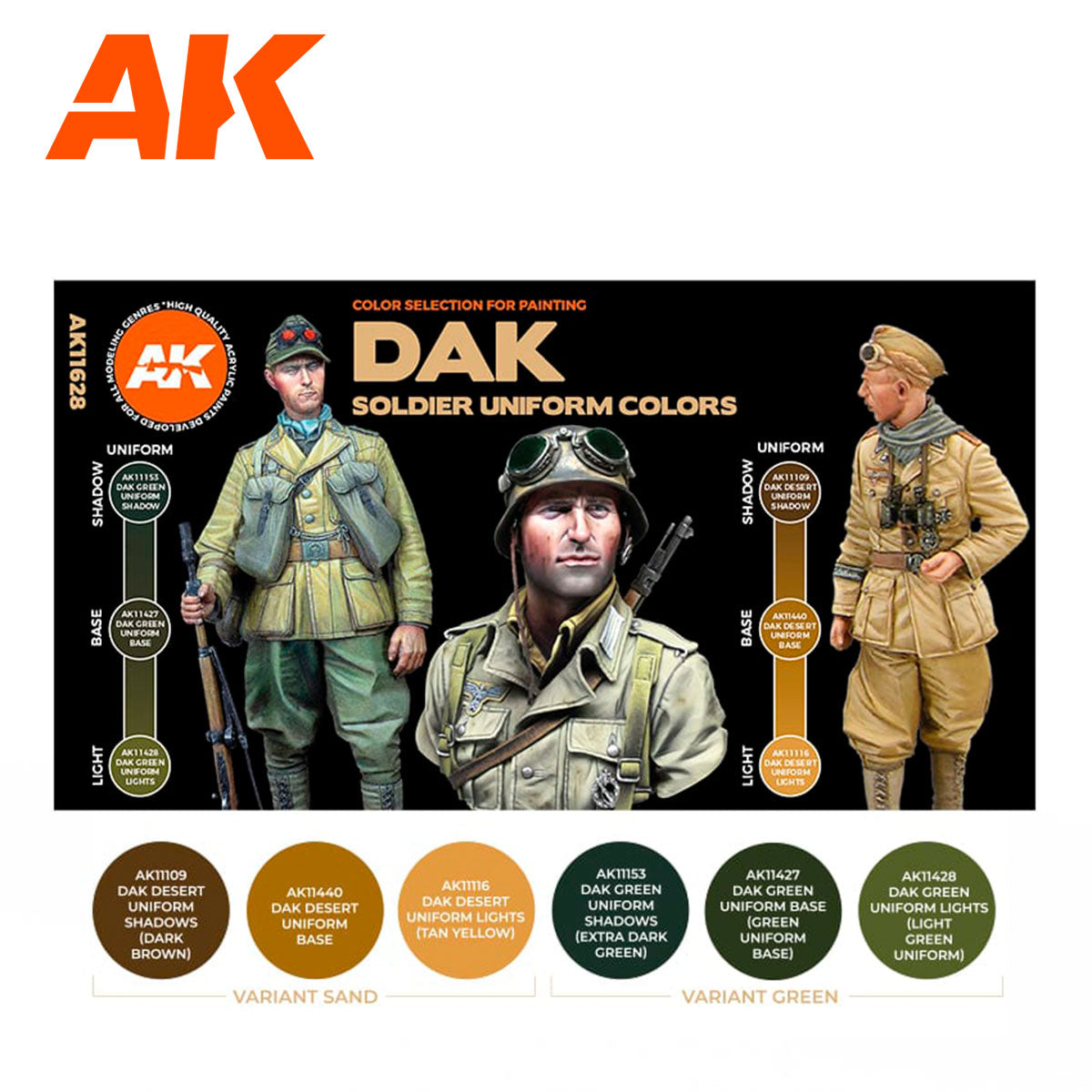 Technical painting guide for AK11628 showing Sand and Green variants for German tropical uniforms.