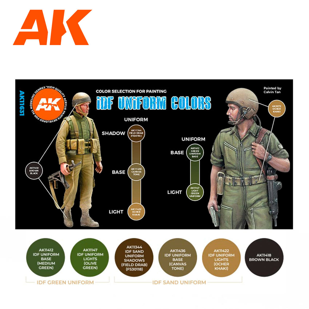 Technical painting guide for AK11631 showing green and sand uniform variants for Israeli soldiers.