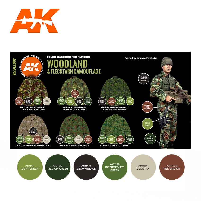 Technical painting guide for AK11632 showing British DPM, German Flecktarn, and US Multicam patterns.