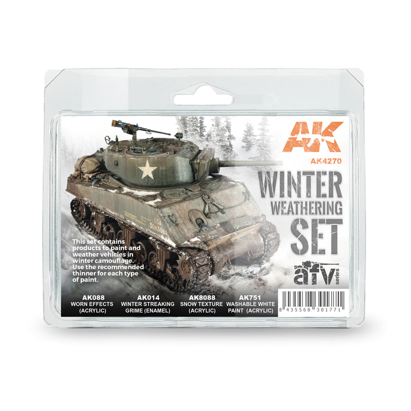 AK Interactive Winter Weathering Set box from the AFV Series featuring a winter-camouflaged Sherman tank.