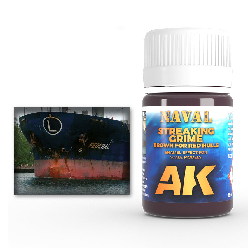 AK Interactive Brown Streaking Grime for Red Hulls AK304 35ml jar next to a weathered container ship bow photo