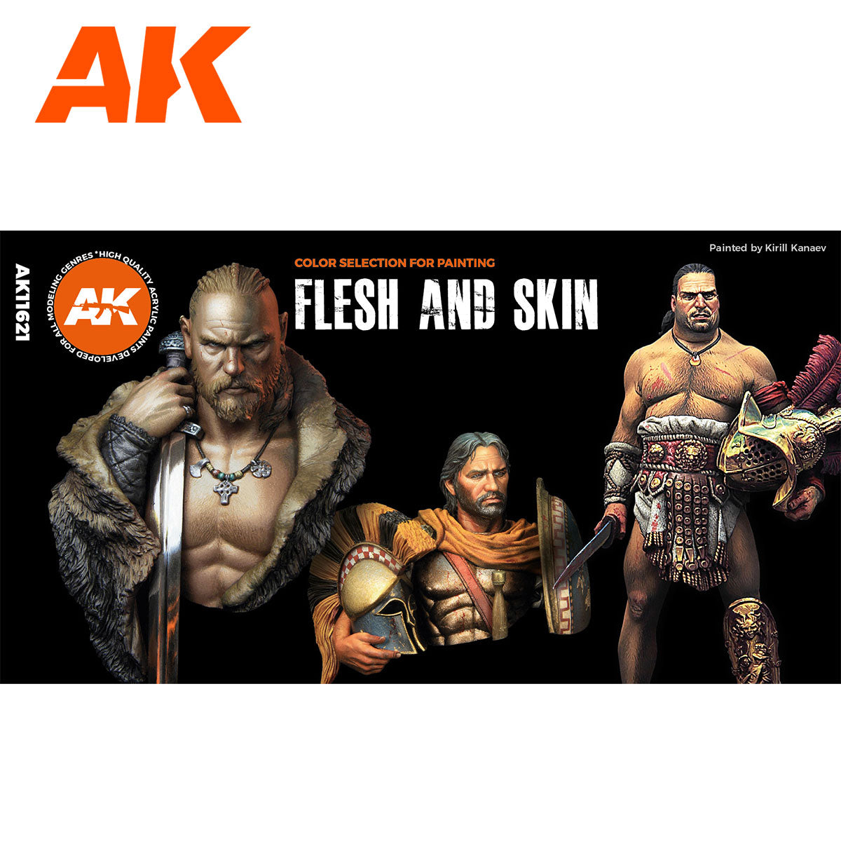 Technical backing card for AK11621 showing expert miniature bust paint examples using the 3GEN flesh tone palette.