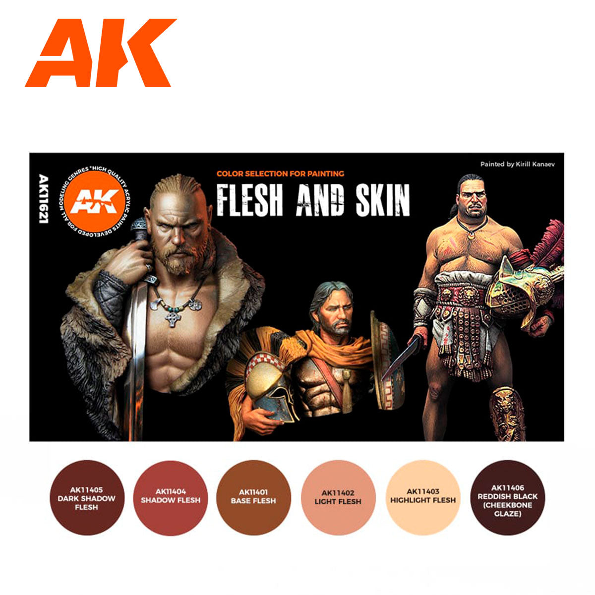 Complete color palette chart for AK11621 displaying base tones, shadows, lights, and cheekbone glazes.