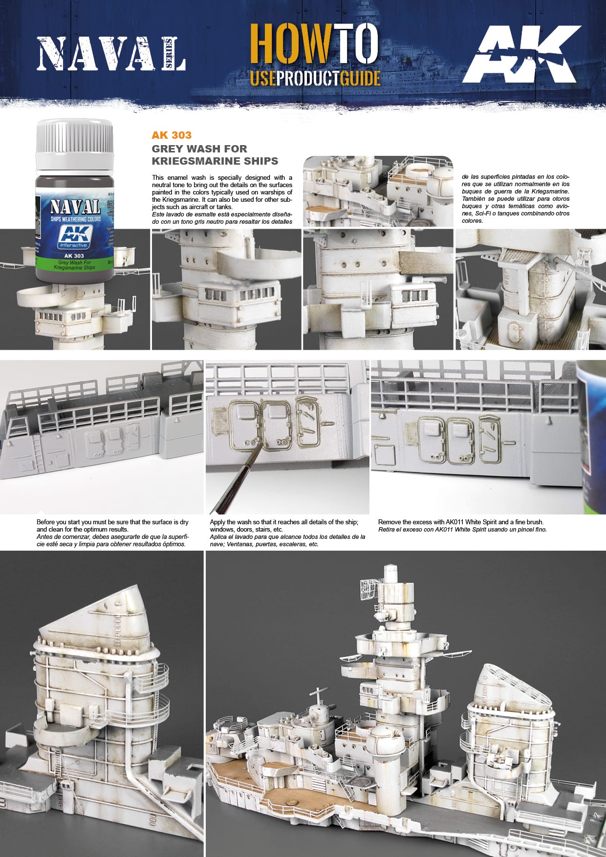 Technical step-by-step instruction sheet using AK303 enamel wash on white superstructure panels with white spirit removal steps.