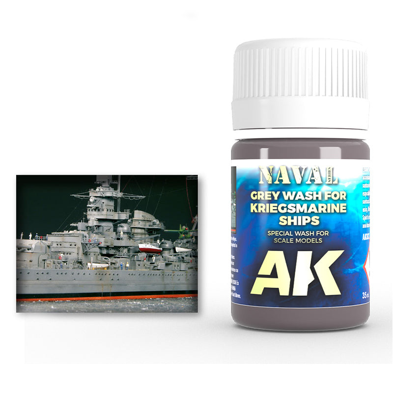 AK Interactive Grey Wash for Kriegsmarine Ships AK303 35ml jar next to a completed model warship profile.