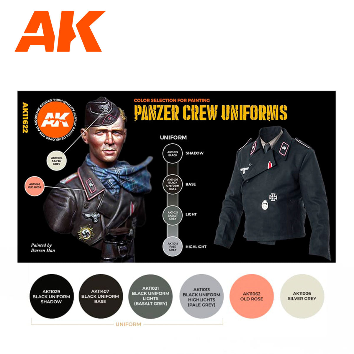 Technical color selection palette chart for AK11622 showcasing the modular black uniform progression, Old Rose, and Silver Grey.