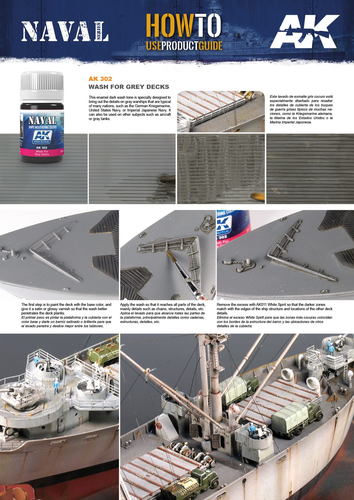 Step-by-step application instructions for AK302 detailing dark basecoats, panel line washes, and finished ship deck models