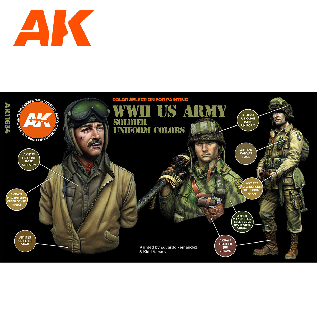 AK Interactive WWII US Army Soldier Uniform Colors 6-paint set box featuring historical paratrooper and infantry illustrations back of box