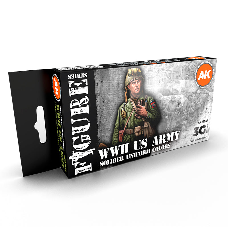 AK Interactive WWII US Army Soldier Uniform Colors 6-paint set box featuring historical paratrooper and infantry illustrations.