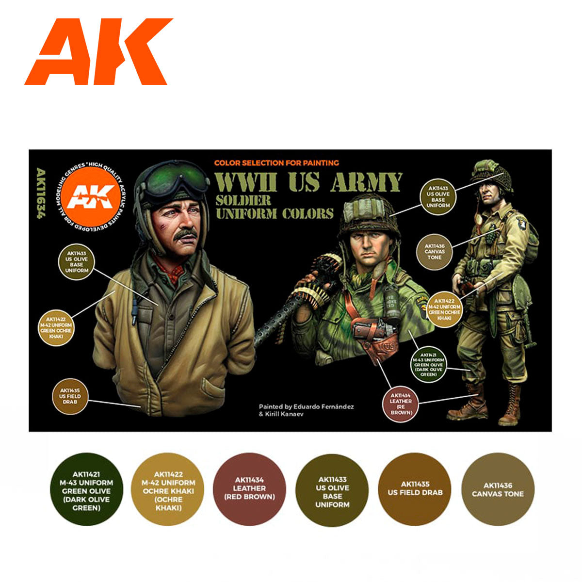 Technical painting guide for AK11634 showing M-43 Green Olive, M-42 Ochre Khaki, and US Field Drab applications.