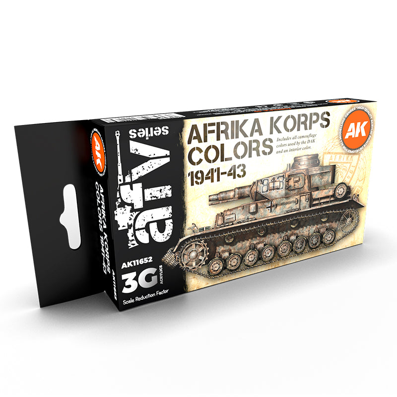 AK Interactive Afrika Korps Colors 1941-43 paint set box featuring a Panzer IV in desert camouflage