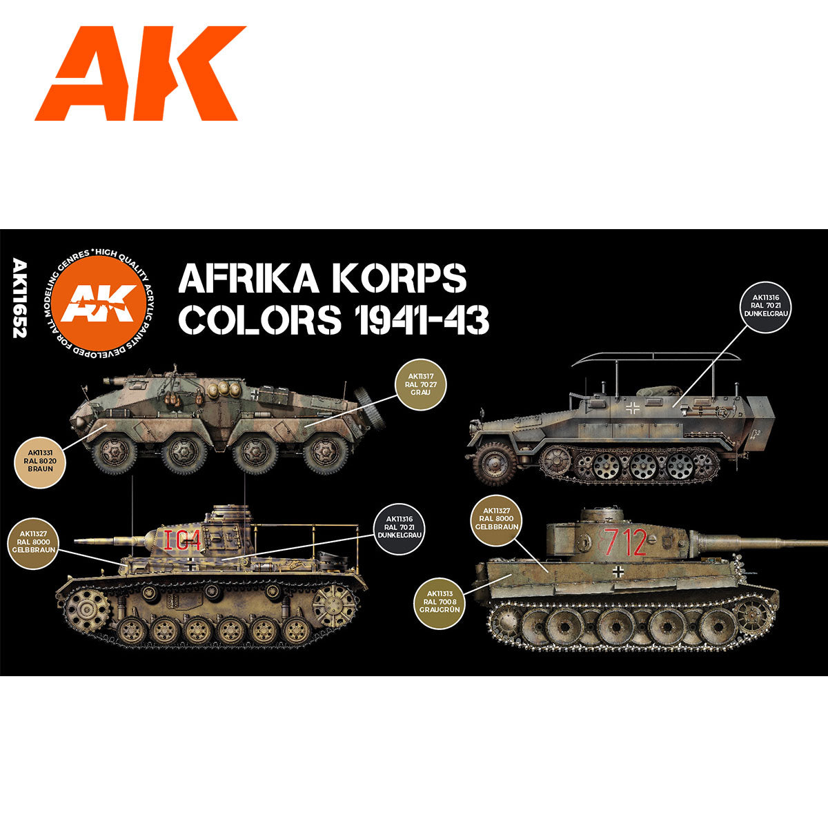 Technical painting guide for AK11652 showing RAL 8000, RAL 7008, RAL 8020, and RAL 7027 on DAK vehicles