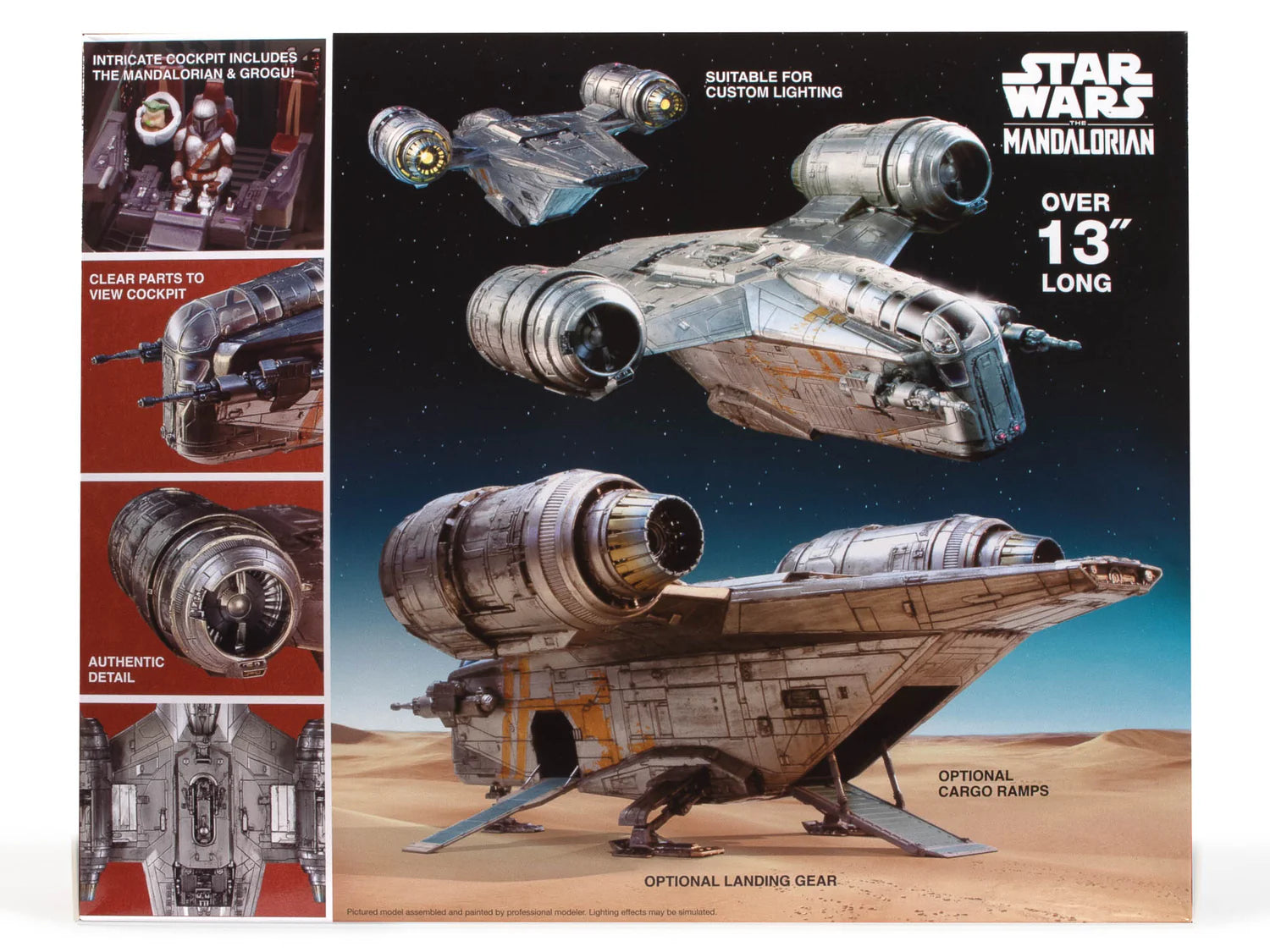 AMT Razor Crest model kit box back showing cockpit and lighting features