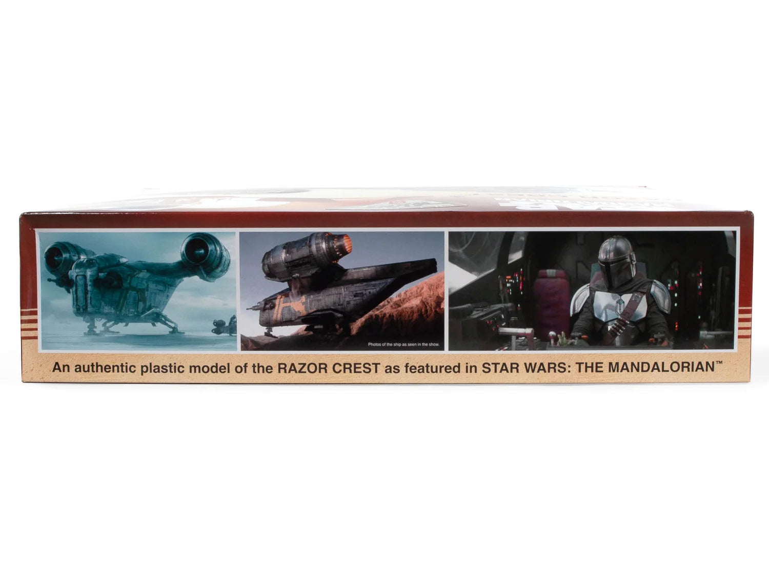 Side panel of AMT Razor Crest box showing images from movie