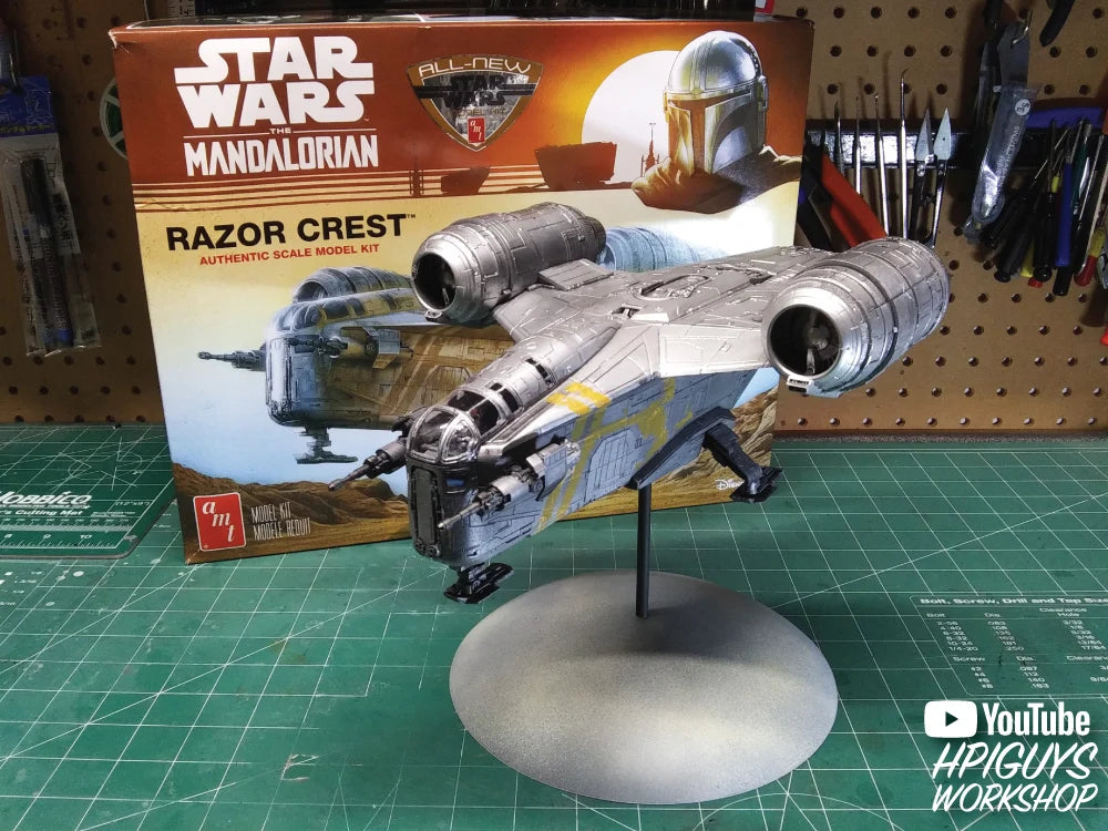 Assembled 1/72 scale AMT Razor Crest model mounted on flight stand