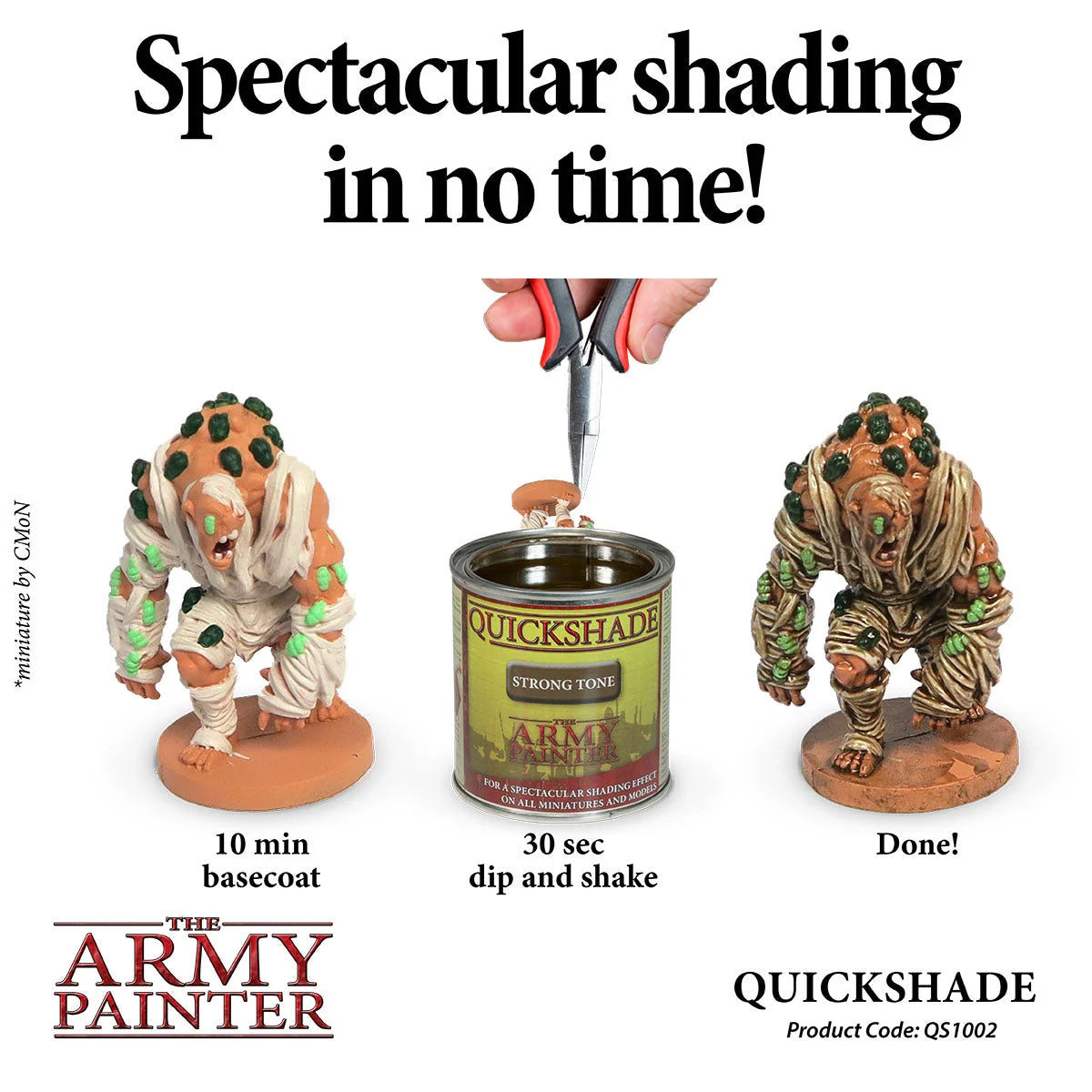 Three-step process demonstrating a 10-minute basecoat, 30-second dip, and completed miniature result.