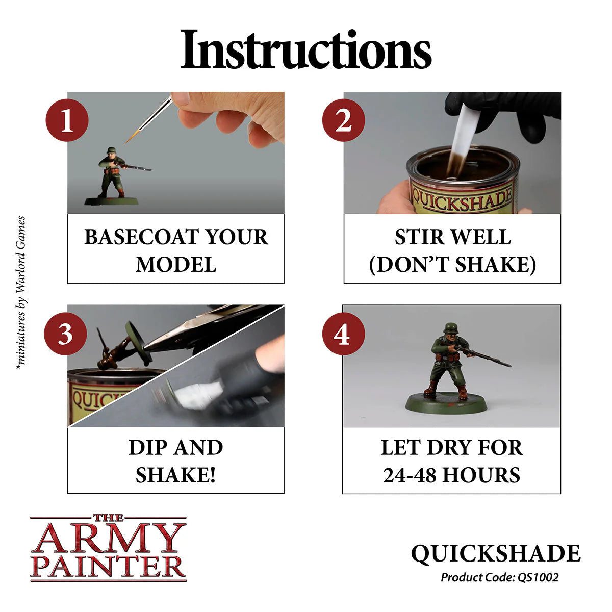Four-step instruction card showing basecoating, stirring, dipping, and 24 to 48 hour drying times.