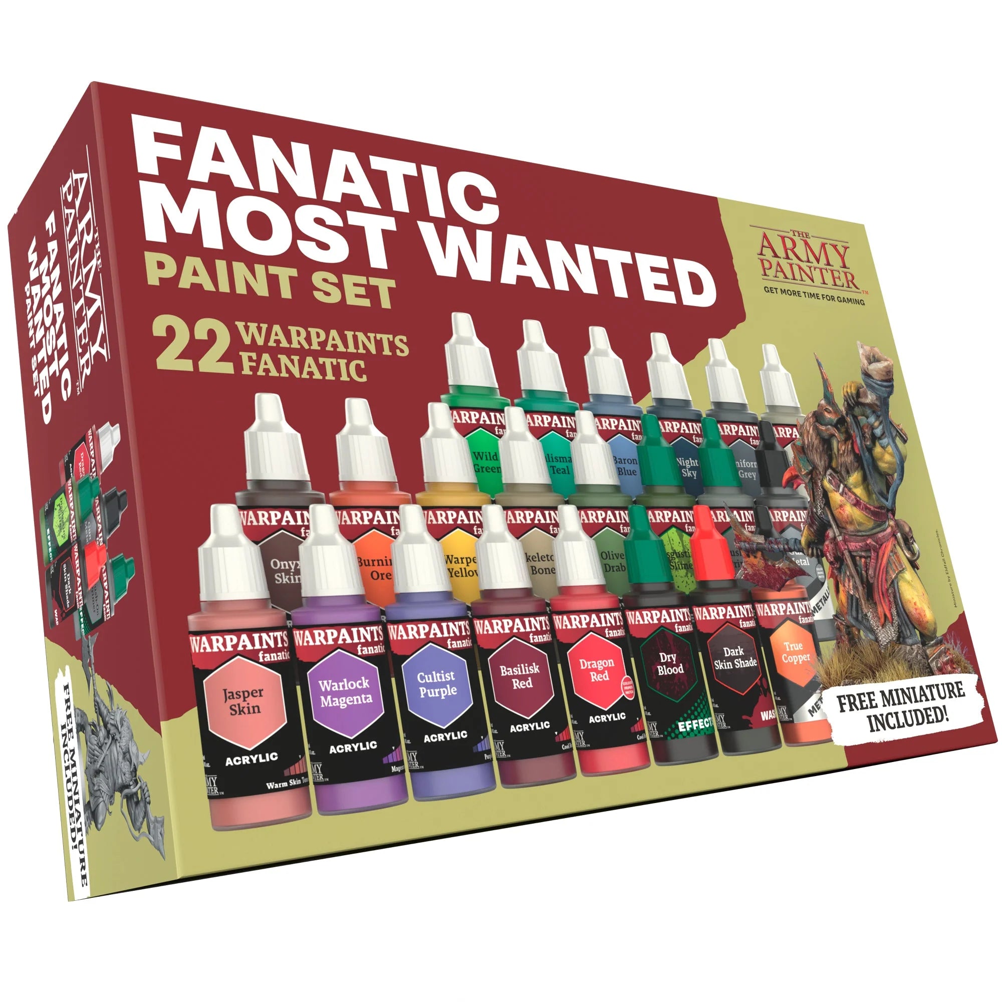 Retail box of The Army Painter Warpaints Fanatic Most Wanted Paint Set showing the 22 bottles and free miniature callout.