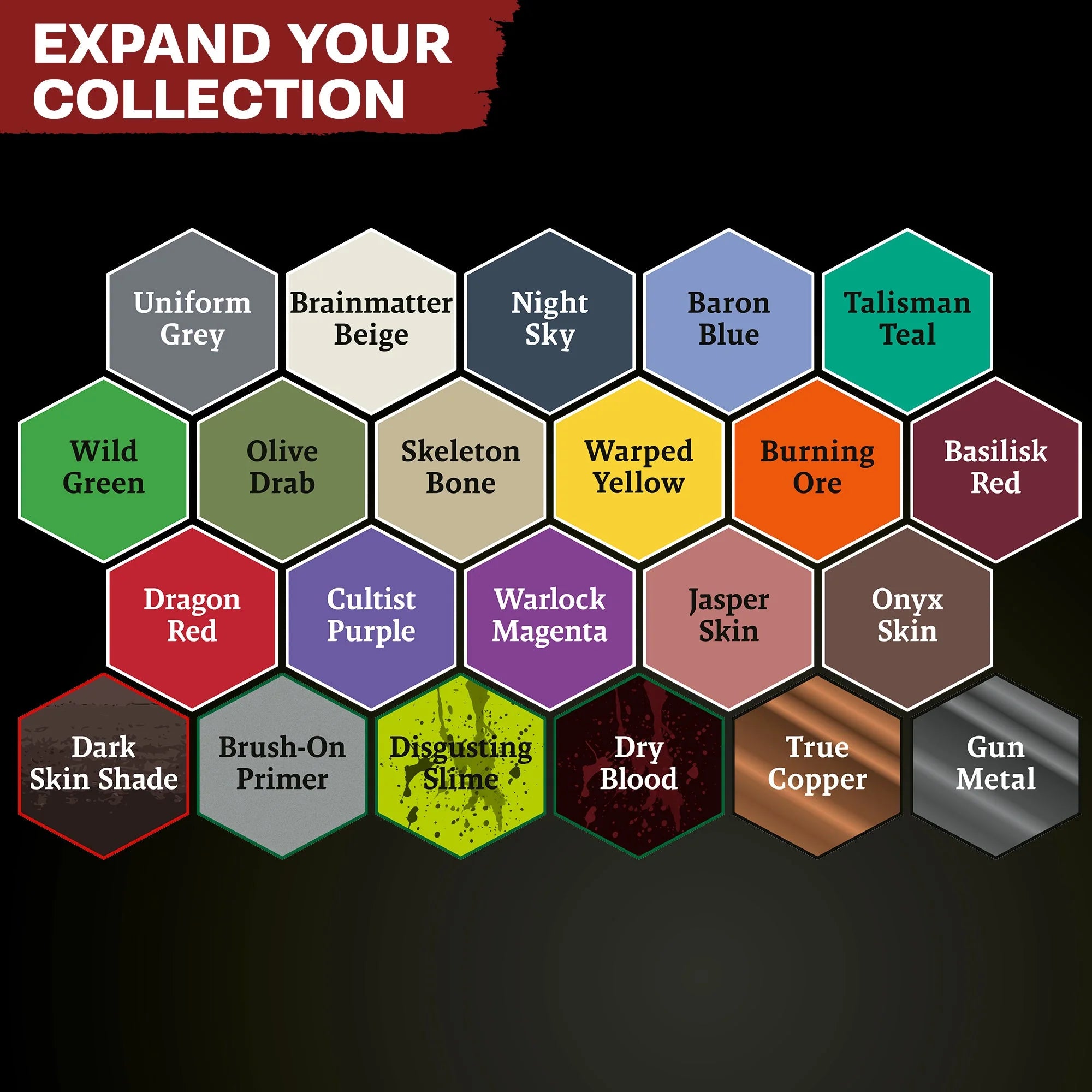 Hexagonal color swatch guide displaying all 22 paints including Uniform Grey, Brainmatter Beige, and True Copper.