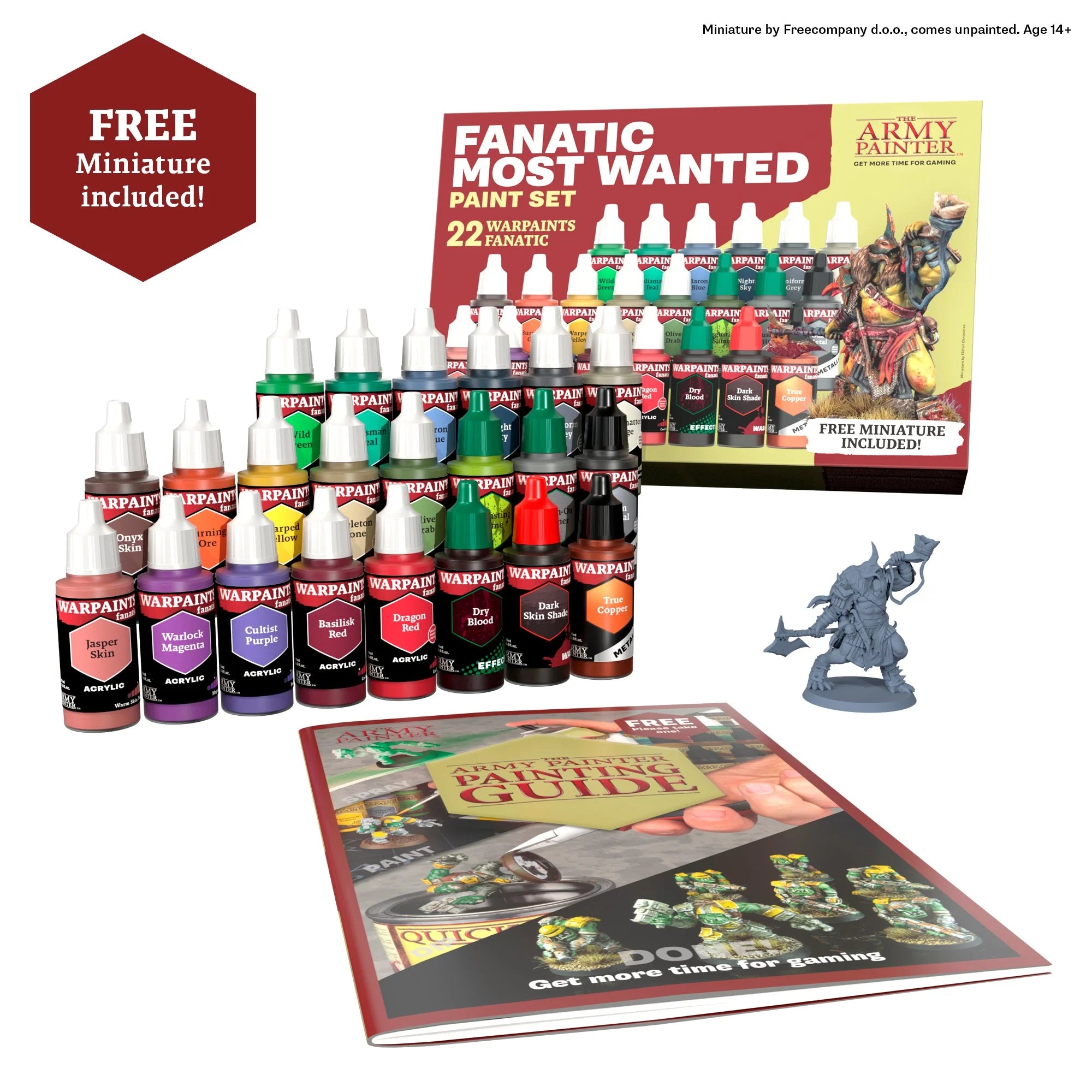 Unboxed view showing all 22 dropper bottles, the included painting guide booklet, and the unpainted plastic miniature figure.