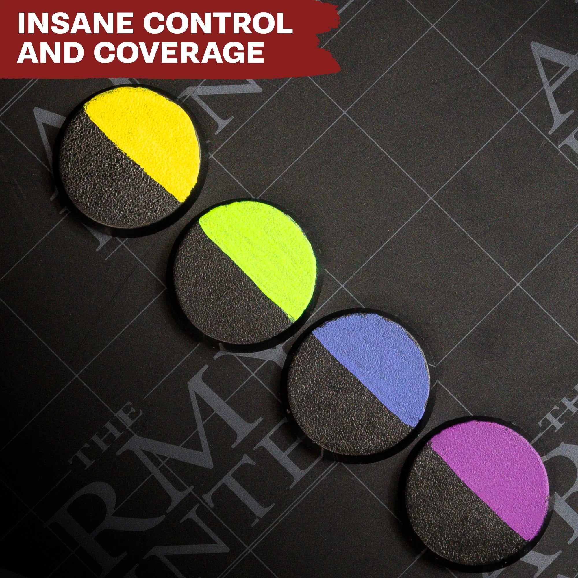 Demonstration of insane control and high-pigment coverage on textured hobby discs using yellow and purple paint tones.