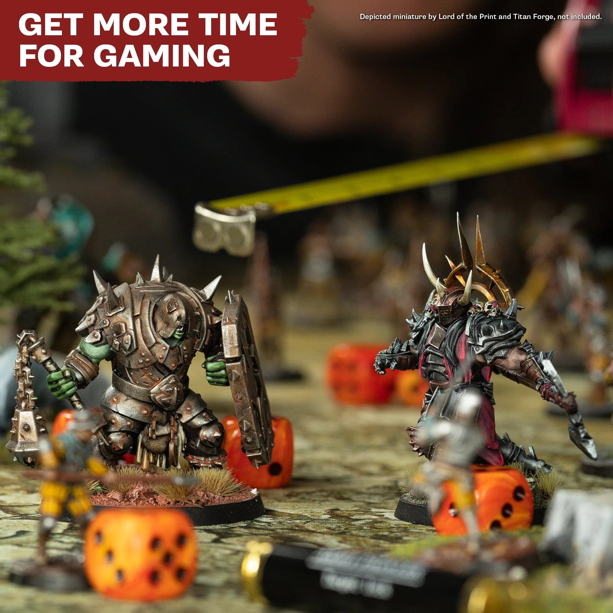 Fully painted fantasy warrior and monster miniatures facing off over dice during a live tabletop wargame layout.
