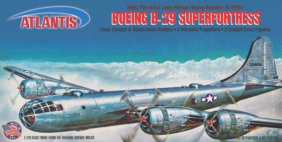 Vintage-style retail box artwork for the Atlantis 1/120 scale Boeing B-29 Superfortress heavy bomber model kit