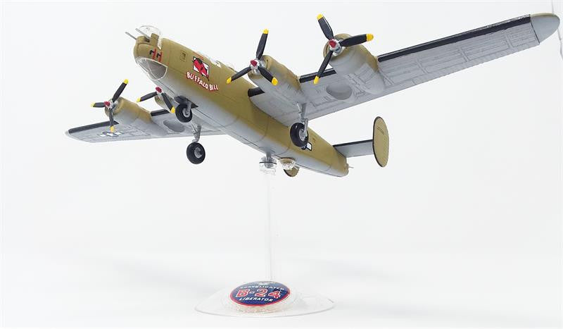 Low angle under fuselage view of the completed 1/92 scale B-24J Liberator model bomber mounted on its clear swivel display stand