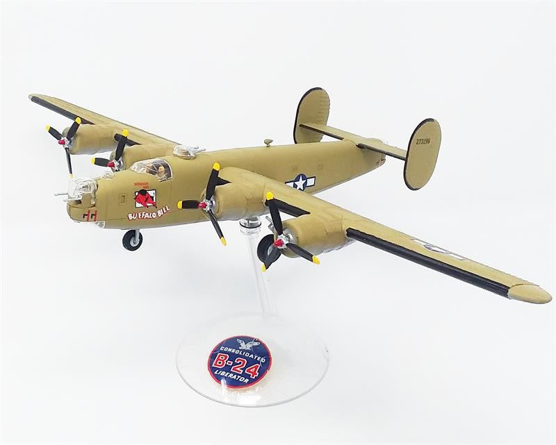 Left front quarter profile view of the built Atlantis B-24J Liberator model plane showcasing the nose turret and cockpit details