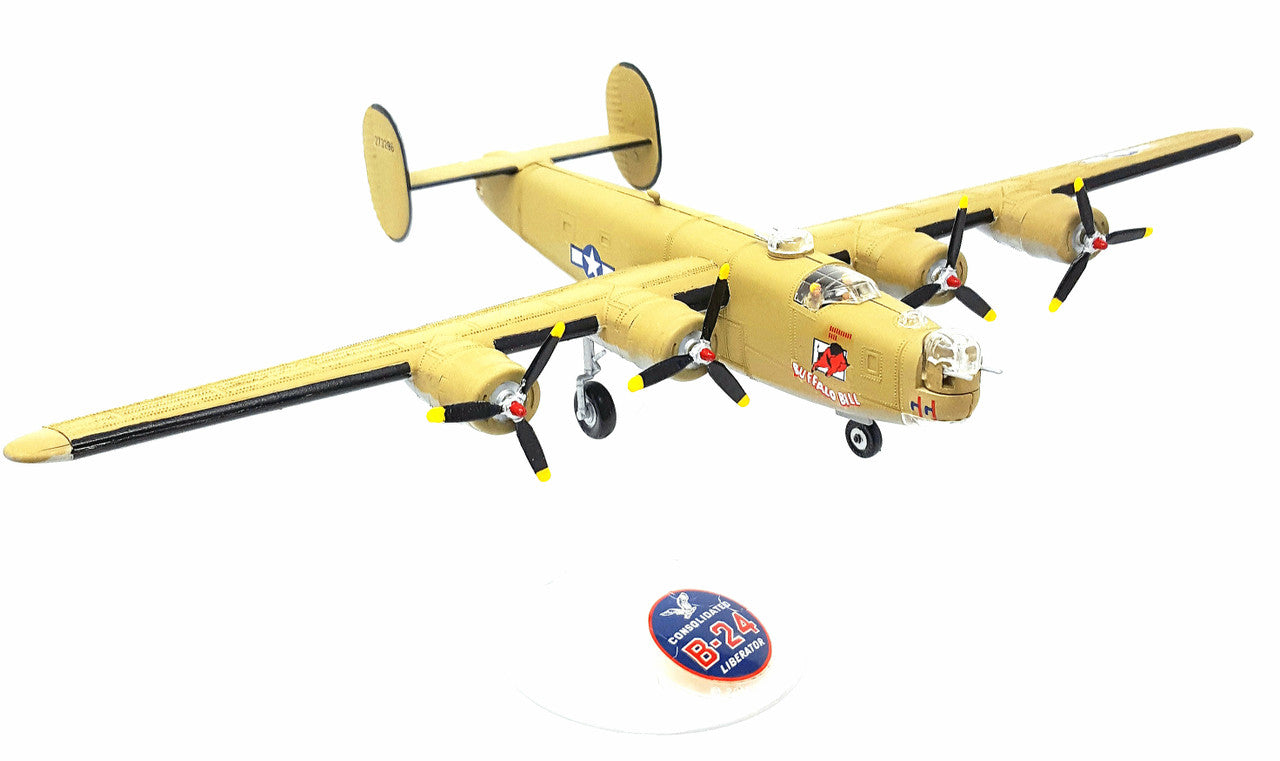 Right front perspective view of the completed khaki tan Atlantis B-24J Liberator scale model with landing gear down on its display base