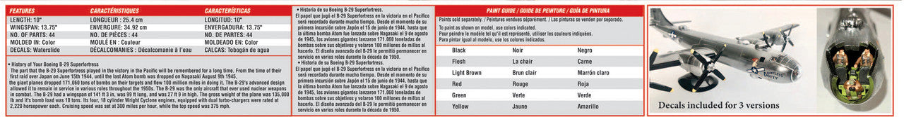 Side panel details of the Atlantis B-29 box showing parts specs, history text, and paint color chart