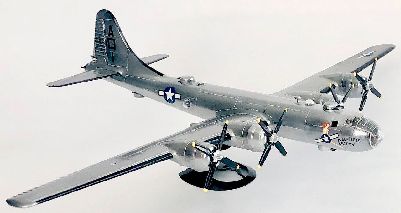 Right front profile view of the built silver B-29 Superfortress model featuring Dauntless Dotty waterslide nose decals