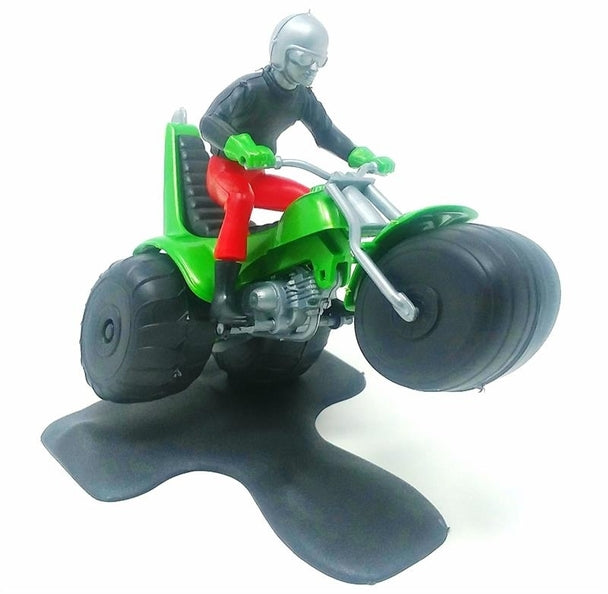 Assembled green and black 1/32 scale Leap Hog 3-wheel all-terrain vehicle model popping a wheelie on its specialty display stand.