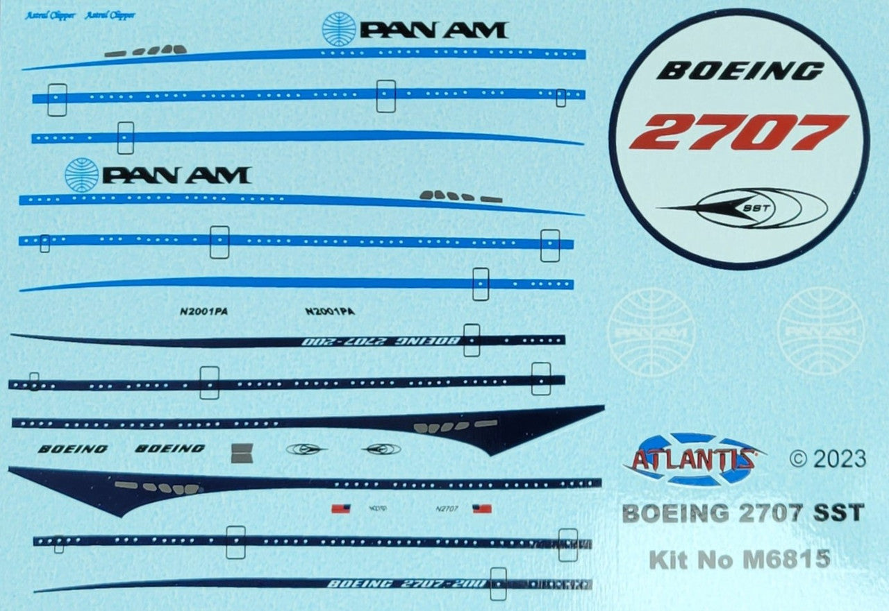 Atlantis MOdels Complete waterslide decal sheet including Pan American (Pan Am) and Boeing 2707-200 livery markings.