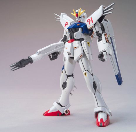 Official Bandai Spirits HGUC 1/144 Gundam F91 model kit in signature standing pose with Beam Rifle