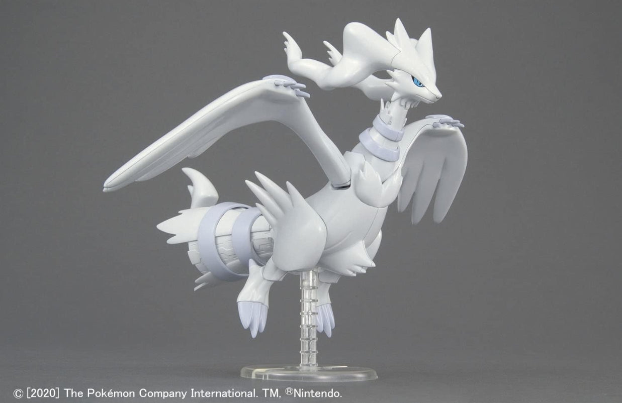 Bandai Spirits Pokemon Plamo 16 Reshiram legendary model kit in a standing wing-spread pose on stand