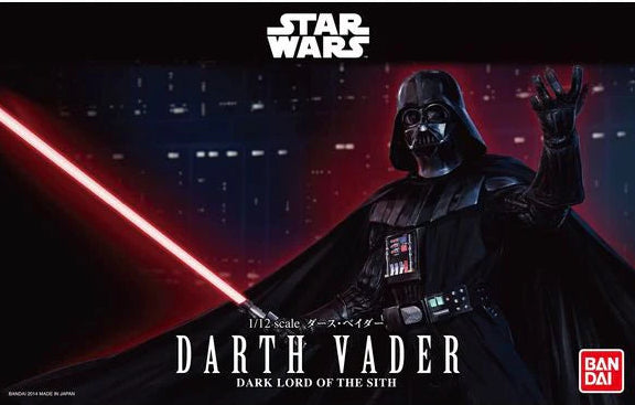 Bandai Spirits 1/12 Darth Vader model kit in an iconic standing pose with lightsaber