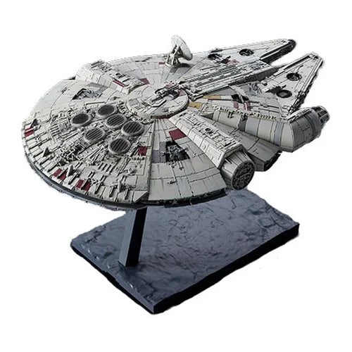 Bandai Spirits 1/144 Millennium Falcon model kit Rise of Skywalker edition on flight stand rear view.