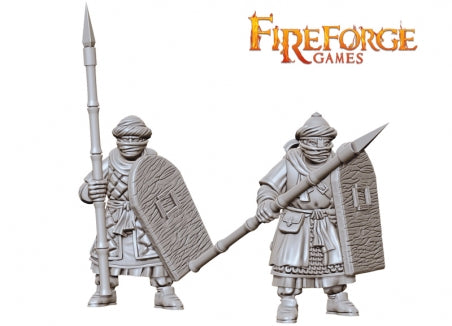 Close up of 28mm Black Guard plastic miniature built with spear and characteristic shield.