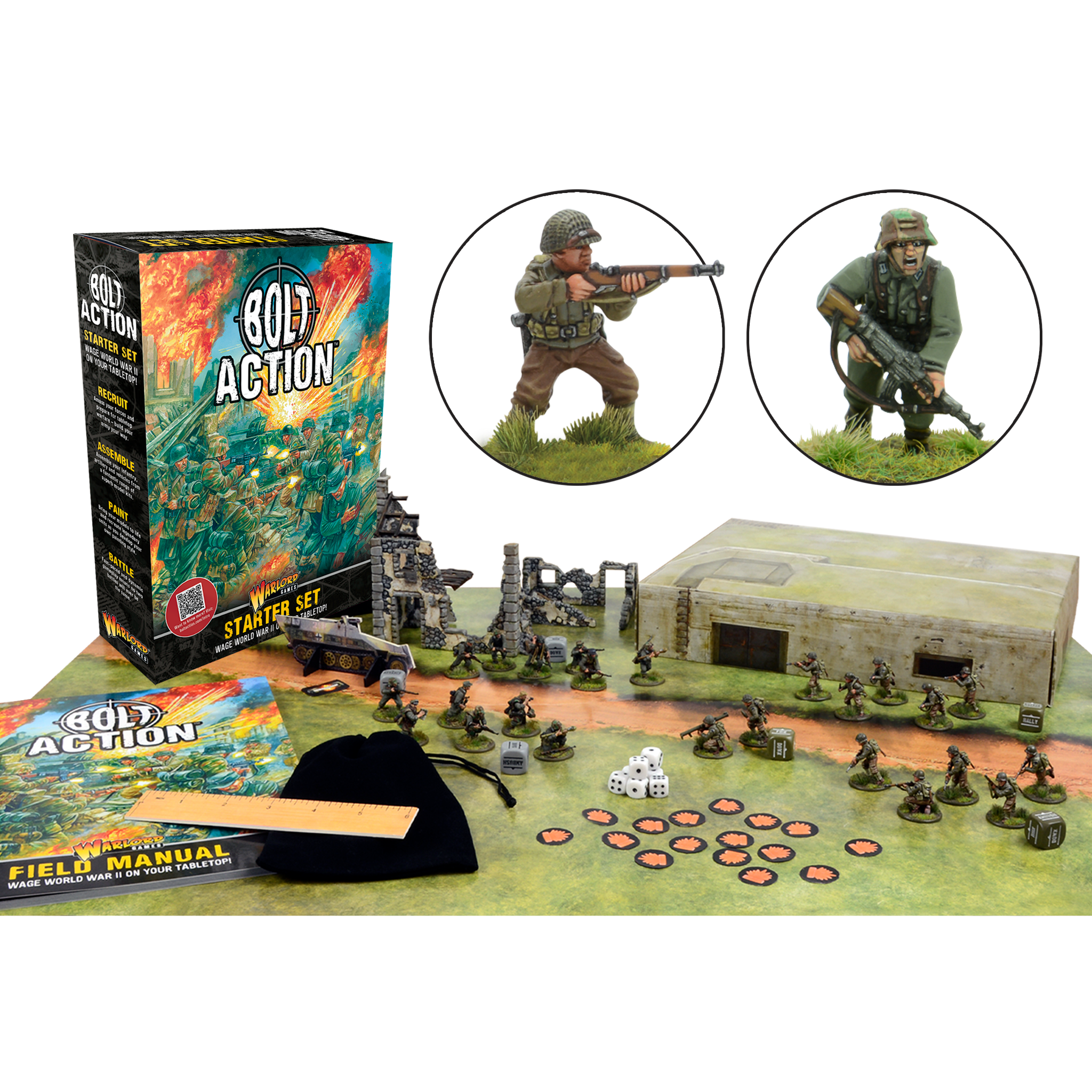 Full Contents of Bolt Action Starter Set with 24 Miniatures, Manual, Mat, and Terrain