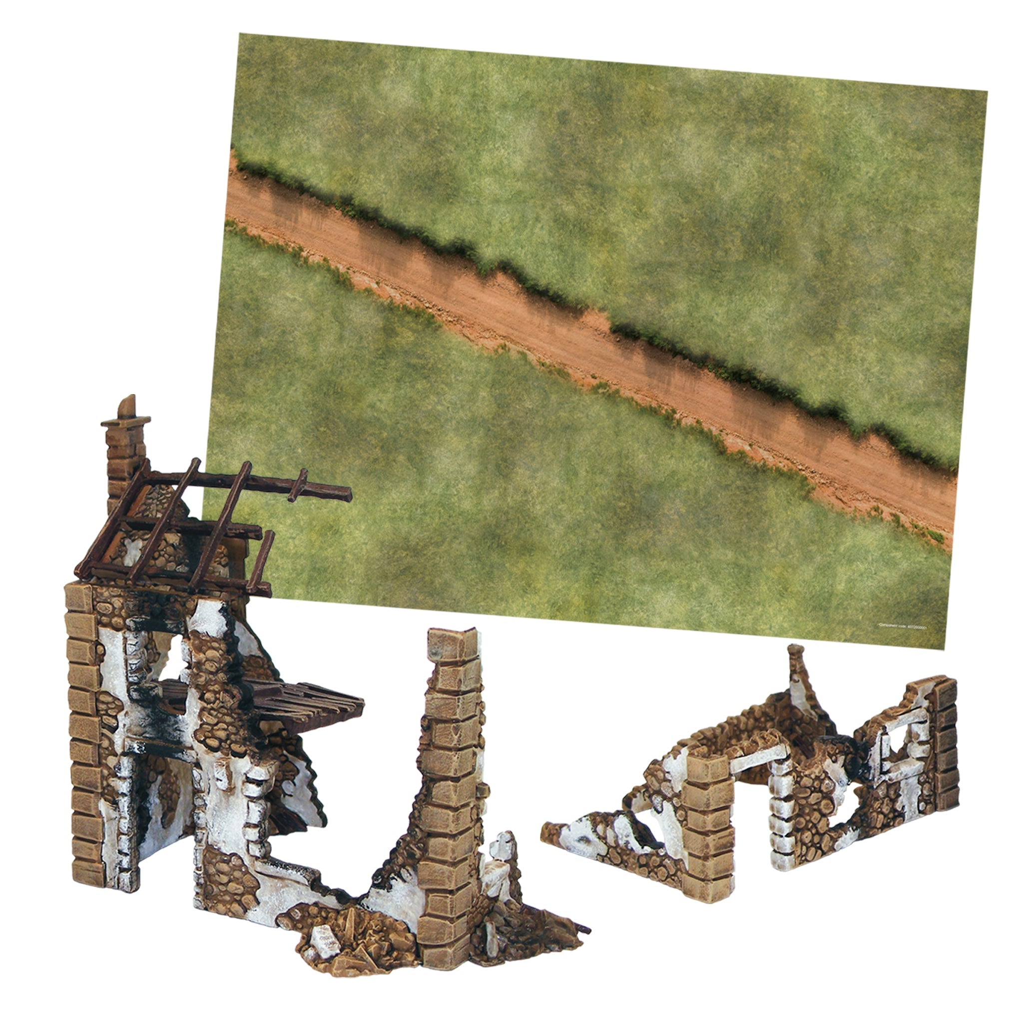 Plastic Ruined Farmhouse Scenery and Double-Sided Grassy Gaming Mat Layout